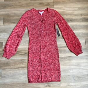 3/$15 Red Ribbed metallic accent dress w lace up detail in front & stretch M jrs